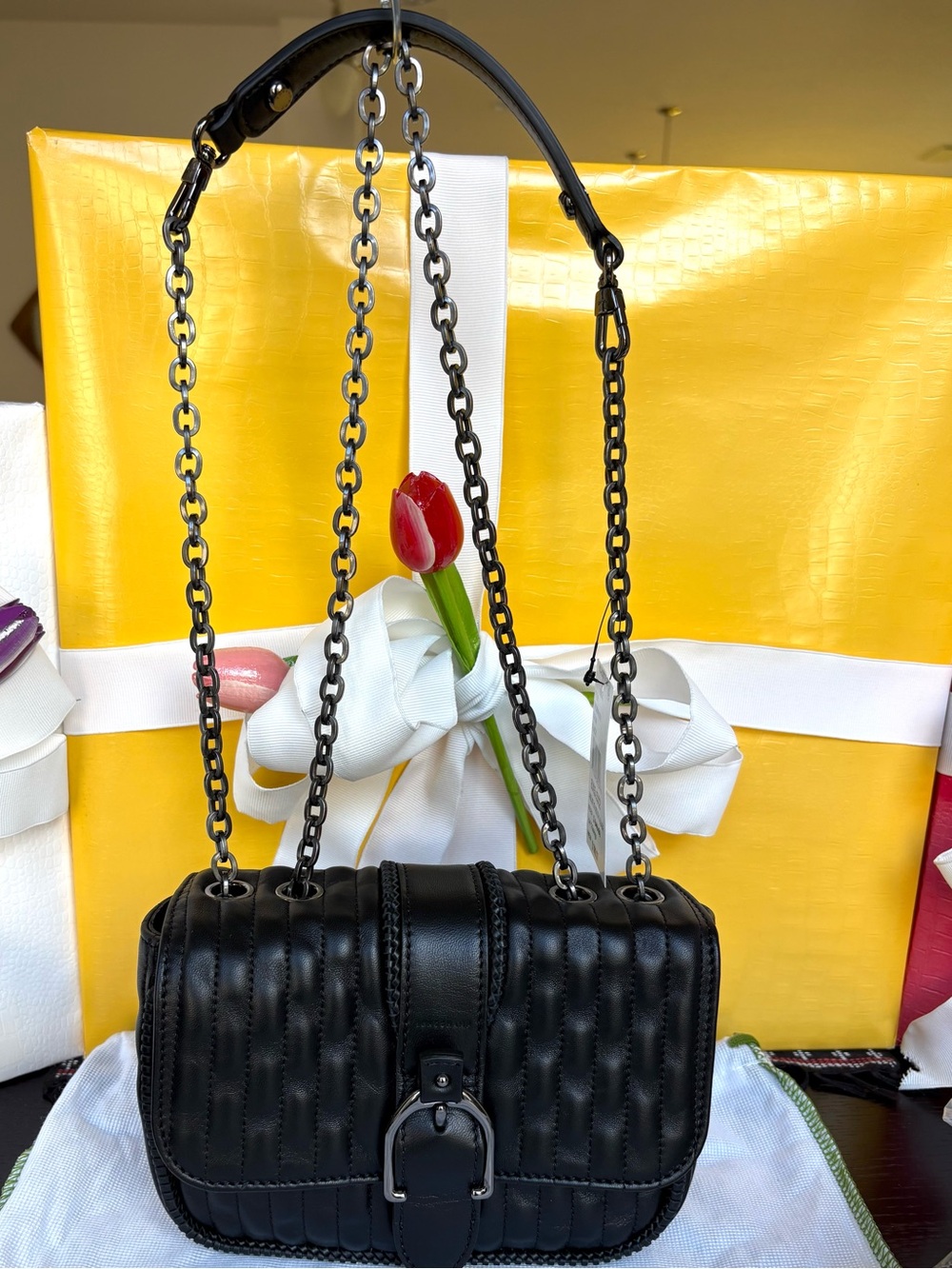 Longchamp Black Leather Shoulder Bag with Red Lining